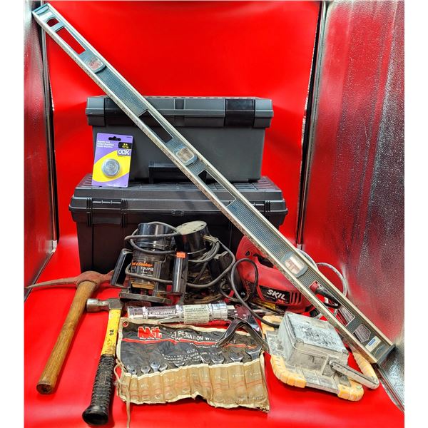 Assorted Tool Lot w/ Large Level & Tool Boxes