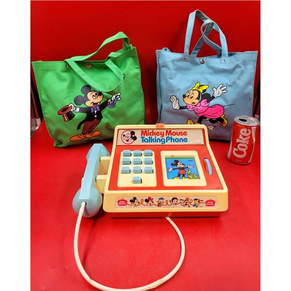 VTG Mickey Mouse Talking Phone & Minnie/Mickey Canvas Bags