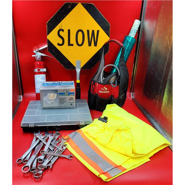 Wrenches, High-Vis Pants, Slow Sign, Halogen Light, & Shrink Wrap