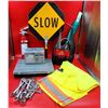 Image 1 : Wrenches, High-Vis Pants, Slow Sign, Halogen Light, & Shrink Wrap
