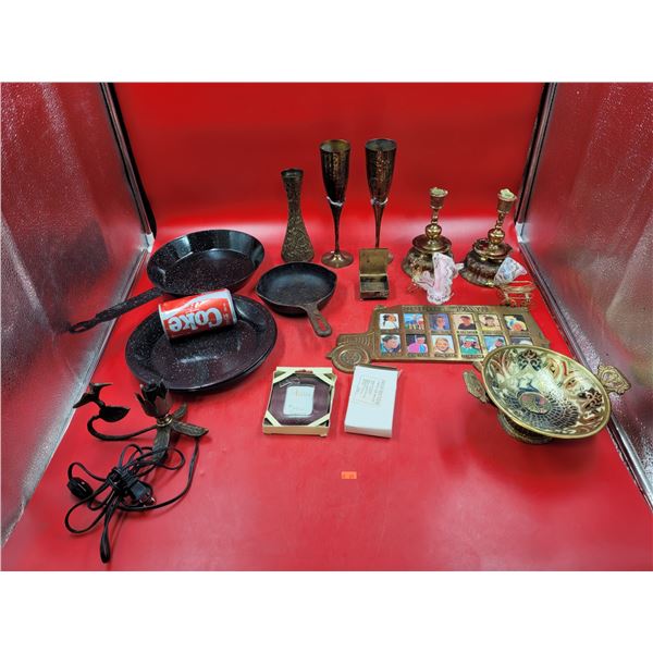 Miscellaneous Metal Lot w/ Cast Iron Pan & Brass Candleholders