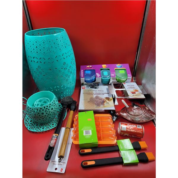 Grilling Accessories, Tupperware Bowls, & Teal Decor