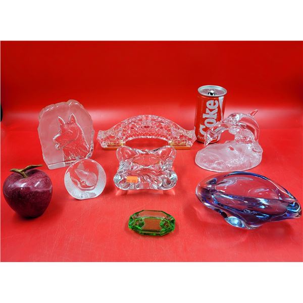 VTG Glassware Lot w/ Small Uranium Glass Dish & Etched Crystal Mouse Paperweight Made in Sweden