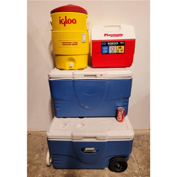 2 Coleman Coolers/Igloo Cooler and 5 Gallon Drink Dispenser
