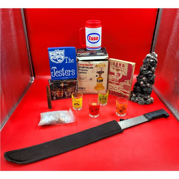 Mancave Lot w/Manchette Shot Glasses Esso Ford Manual Camp Lantern