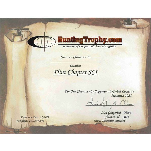 Freight Forwarding Gift Certificate from Coppersmith for One Hunter's Trophies.