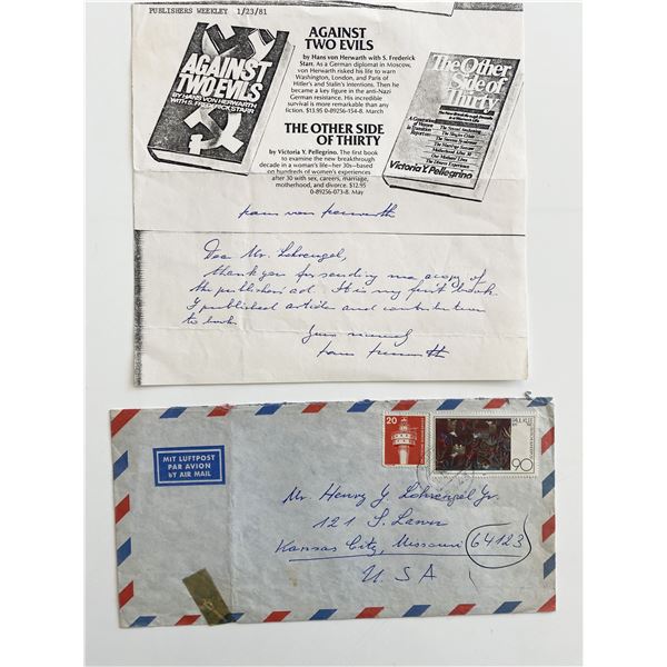 Author Hans Von Herwarth Signed Note