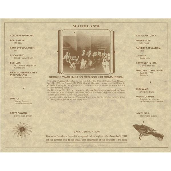 American Revolution Bicentennial Commemorative One Dollar Certificate, Maryland