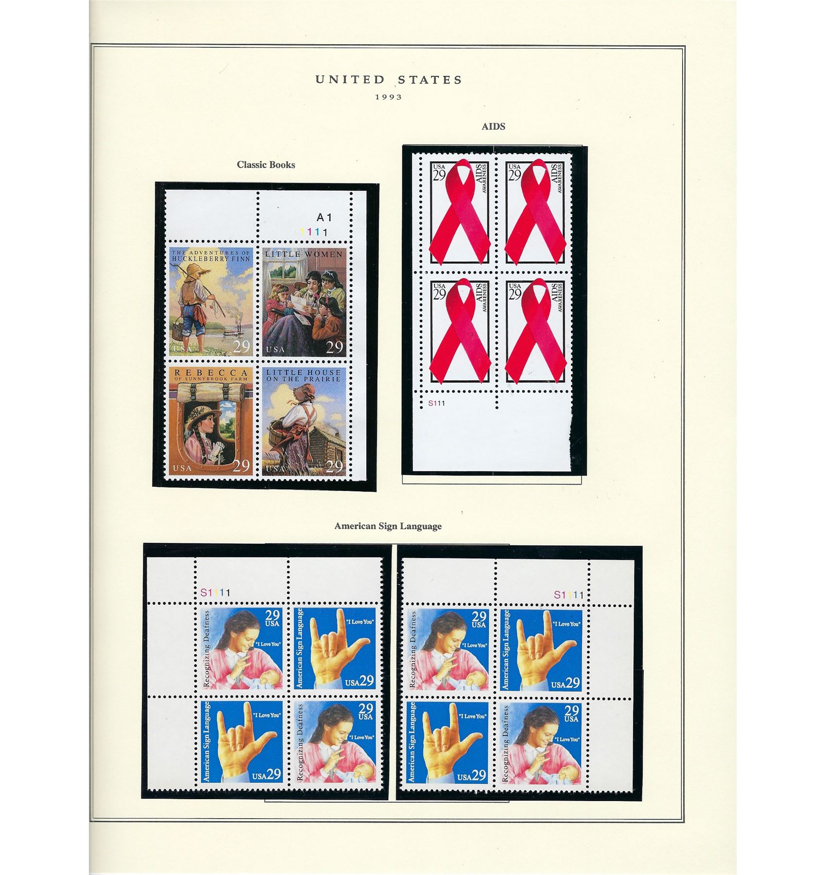 1993 US stamp collector sheet featuring Classic Books, Aids and ...