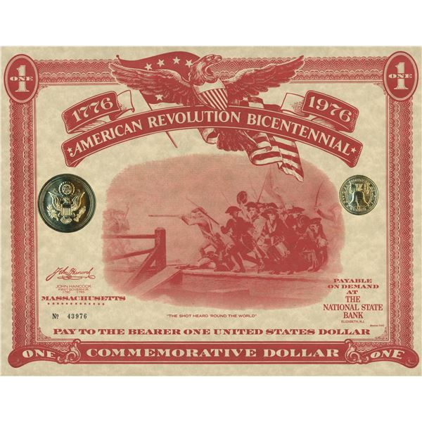 American Revolution Bicentennial Commemorative One Dollar Certificate, Massachusetts