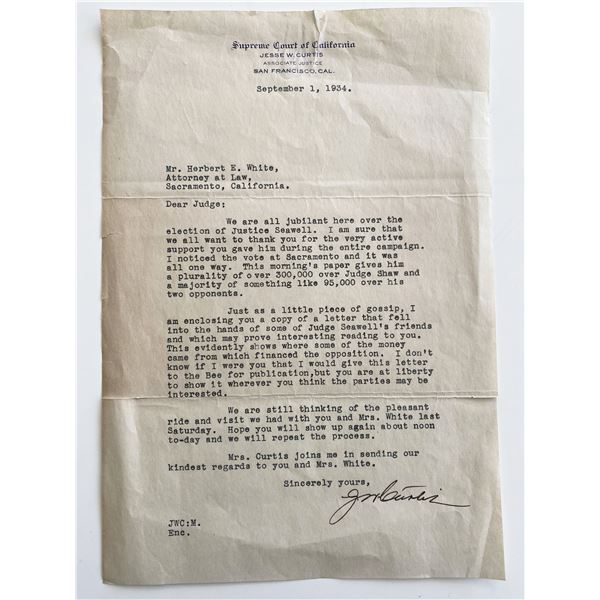 Supreme Court Jesse W. Curtis signed letter c
