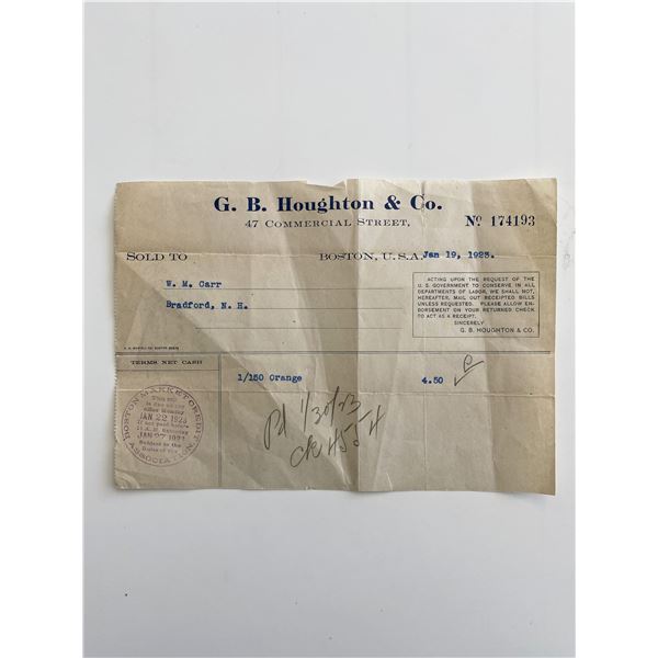 G.B. Houghton & Co. 1923 Boston Massachusetts Billhead