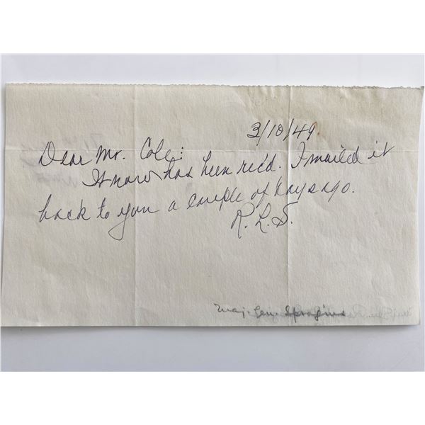 WWII Major General Robert R. Spragins Signed Hand Written Note
