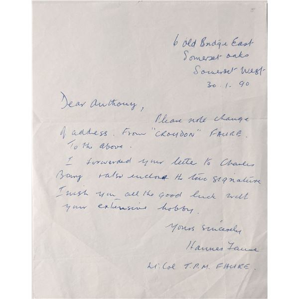 WW2 Military LT. Col. Hannes Faure signed letter