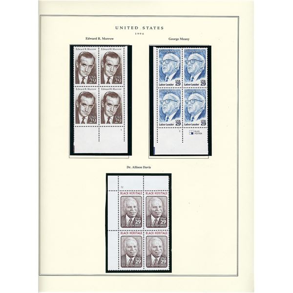 1996 US stamp collector sheet featuring Edward R. Murrow, George Meany and Dr. Allison Davis stamps