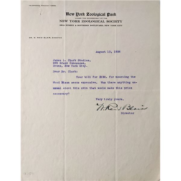 Zoologist William Reid Blair signed letter