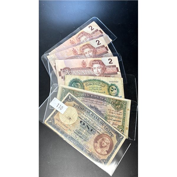 3 - $2 CANADIAN BILLS, & 3 WORLD BILLS