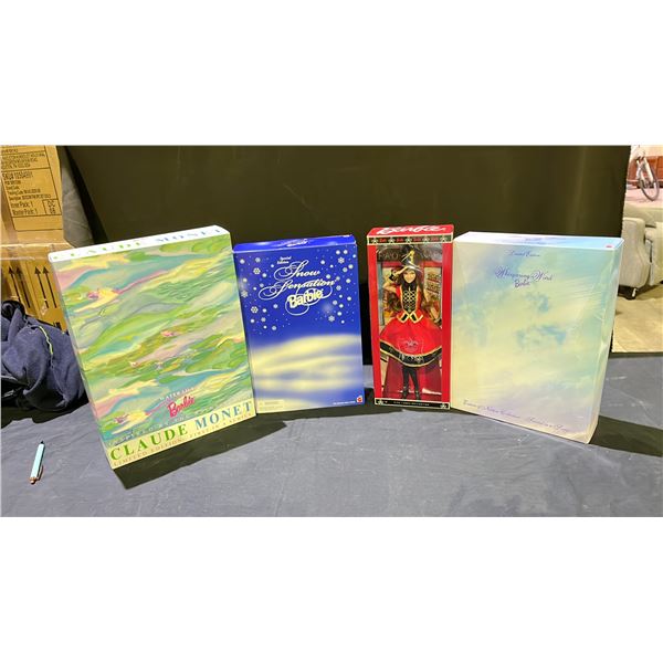 4 ASSORTED BARBIE DOLLS INCLUDING; FAO SCHWARZ, SNOW SENSATION, WHISPERING WIND, & CLAUDE MONET