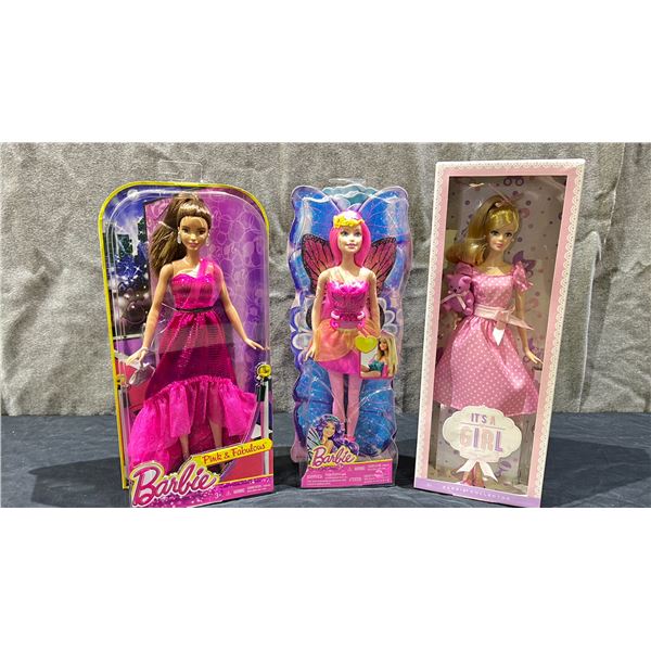 3 ASSORTED BARBIE DOLLS INCLUDING; IT'S A GIRL, PINK AND FABULOUS & MORE