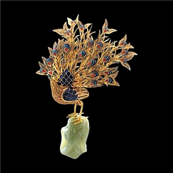 Antique Enamel Chinese Jade Peacock Gold Filigree Sculpture Stone Carving Figurine