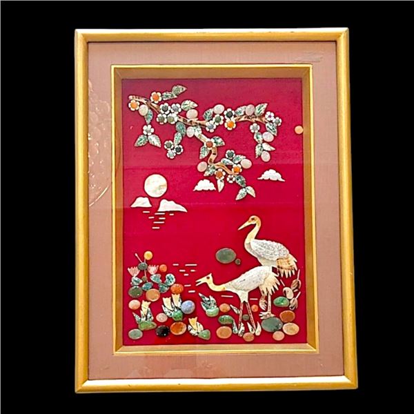 Asian Mother Of Pearl Crane Nature Scene with Jade Gemstone Art Hanging Shadow Box