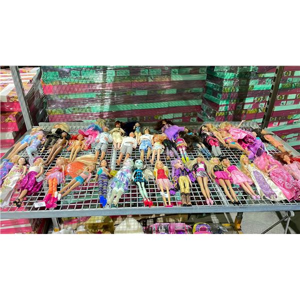SHELF OF ASSORTED DOLLS INCLUDING; BARBIE, MONSTER HIGH, EVER AFTER HIGH & MORE