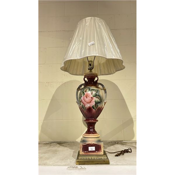 ANTIQUE FLORAL MOTIF HAND PAINTED TABLE LAMP WITH SHADE APPROX 40" TALL