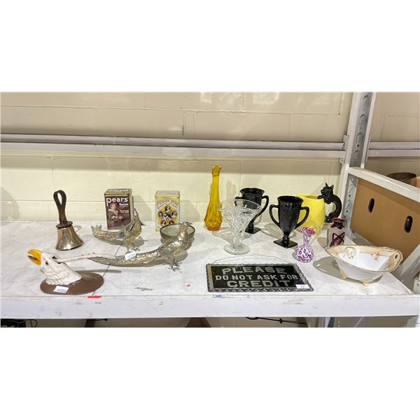 LOT OF ASSORTED ANTIQUES INCLUDING; EAGLE NUTCRACKER, PEARS TINS, VASES & MORE
