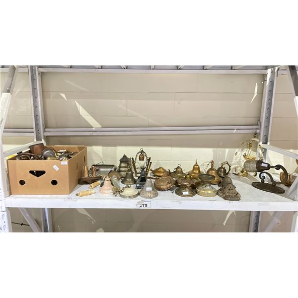 SHELF OF ASSORTED ANTIQUES INCLUDING; LIGHT FIXTURES, CANDLE COVERS, ASH TRAY & MORE