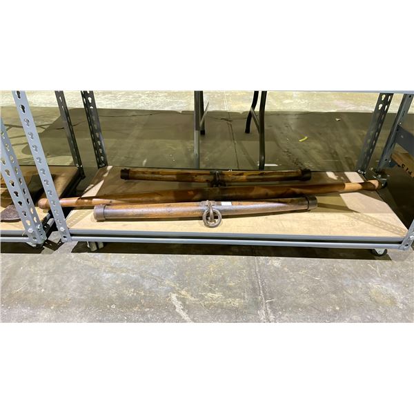 SHELF OF ASSORTED ANTIQUE FARM HARNESS PLOW WOOD & IRON CROSS BARS