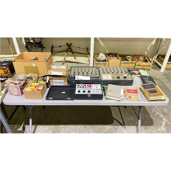 LOT OF ASSORTED ANTIQUE RADIO EQUIPMENT INCLUDING; DYNA-QUIK 650 TUBE & TRANSISTOR TESTER, MERCURY