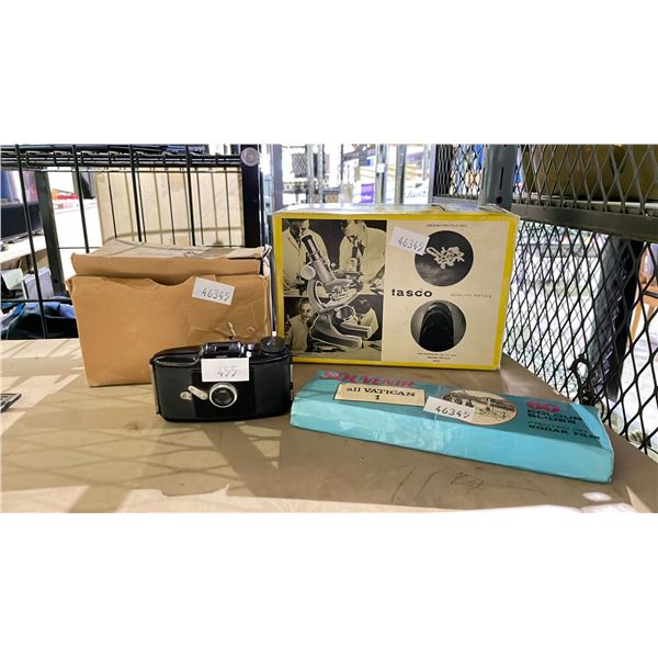 ASSORTED ANTIQUES INCLUDING; CAMERA, COLOUR SLIDES, PATCHES & TASCO MICROSCOPE