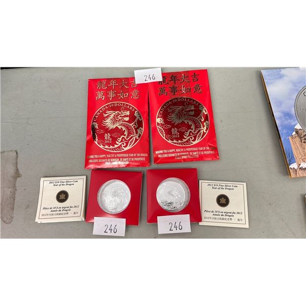 2 CANADIAN MINT 2012 $10 FINE SILVER YEAR OF DRAGON COIN