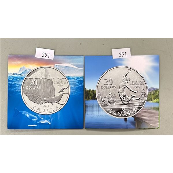 LOT OF 2 FINE SILVER ROYAL CANADIAN MINT 2013 & $2014 $20 COINS