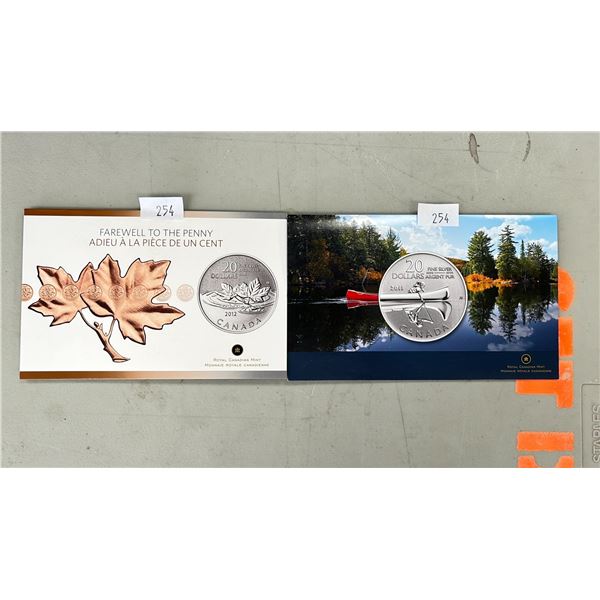 LOT OF 2 FINE SILVER ROYAL CANADIAN MINT 2011 & $2012 $20 COINS