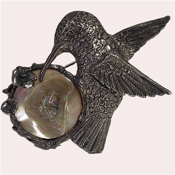 Circa 1940's Sterling Silver & Abalone Hummingbird Brooch