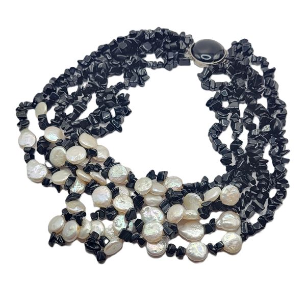 Multi-Strand Onyx and Coin Pearl Necklace .925