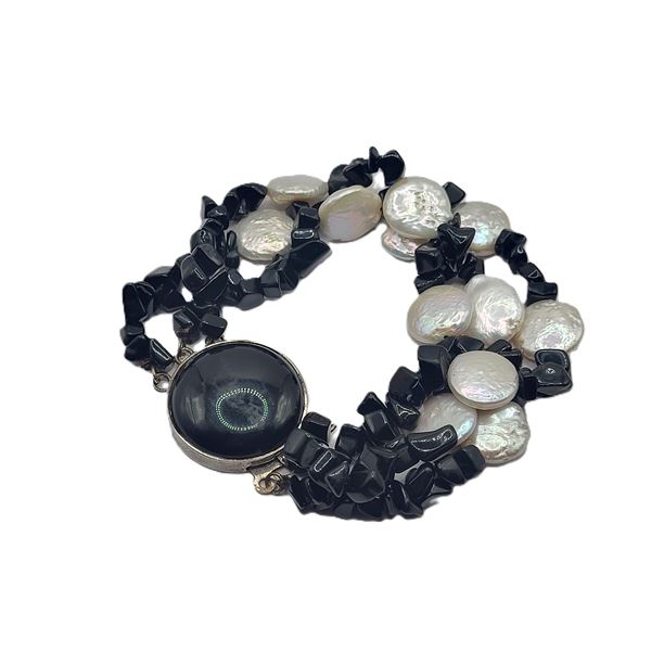 Multi-Strand Black Onyx & Coin Pearl Bracelet