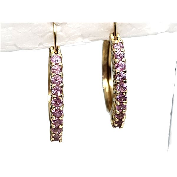 14K yellow Gold 3/4" Pink Sapphire Hoops