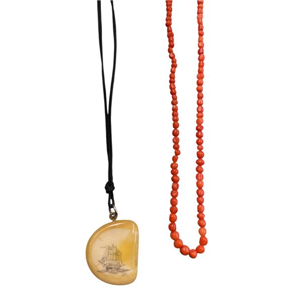 Coral Necklace & Marine Ivory Pendant Necklace W/ Ship Etching