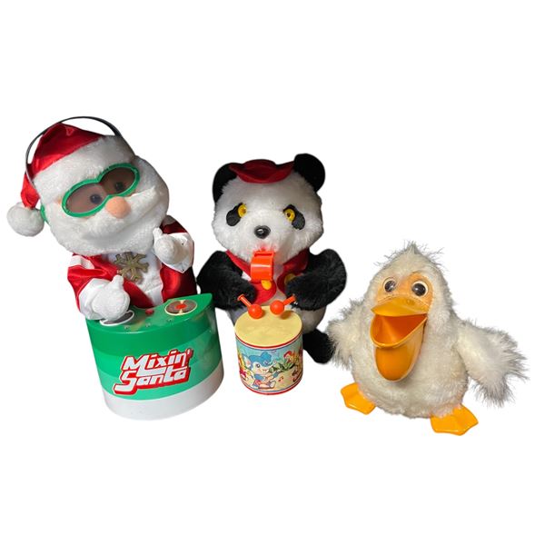 3 Vintage Battery Operated Toys, Mixin Santa, Pelican & Panda Drummer