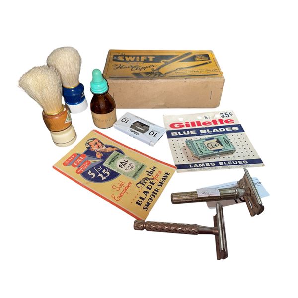 Assorted Shaving Collectibles, Brushes, Shavers, Ointment, Etc..