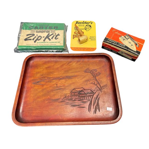 Assorted Vintage Collectibles, Zip Kit, Cob Pipe, Travel Iron, Etc..