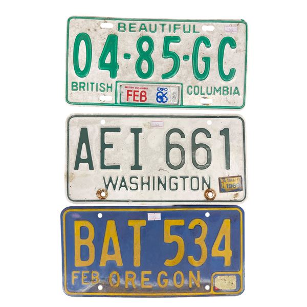 3 Vintage License Plates, B.C, Oregon & Washington