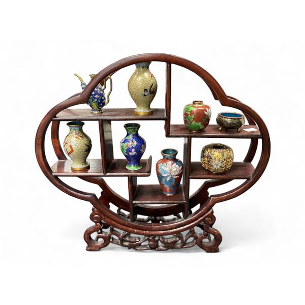 Chinese Style Shelf Full Of Miniature Cloisonne Pieces
