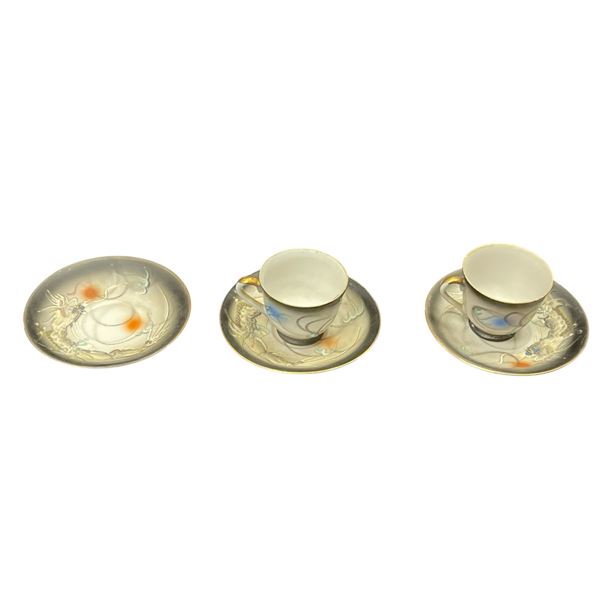 5 Fine China Tea Cups & Saucers With Embossed Chinese Dragons