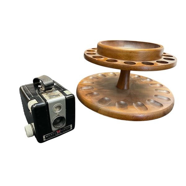 Vintage Rotating Wooden Pipe Stand & Brownie Hawkeye Camera