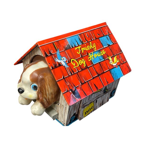 Vintage Battery Operated Tin Litho Tricky Doghouse
