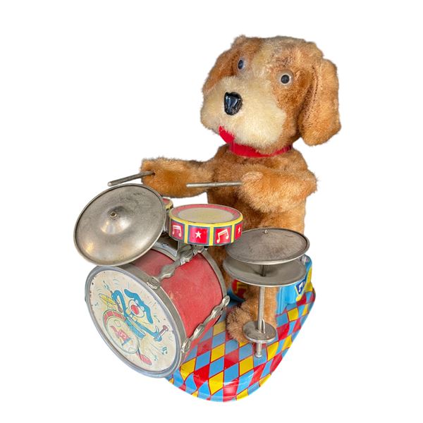 Vintage Battery Operated Tin Litho Drumming Dog