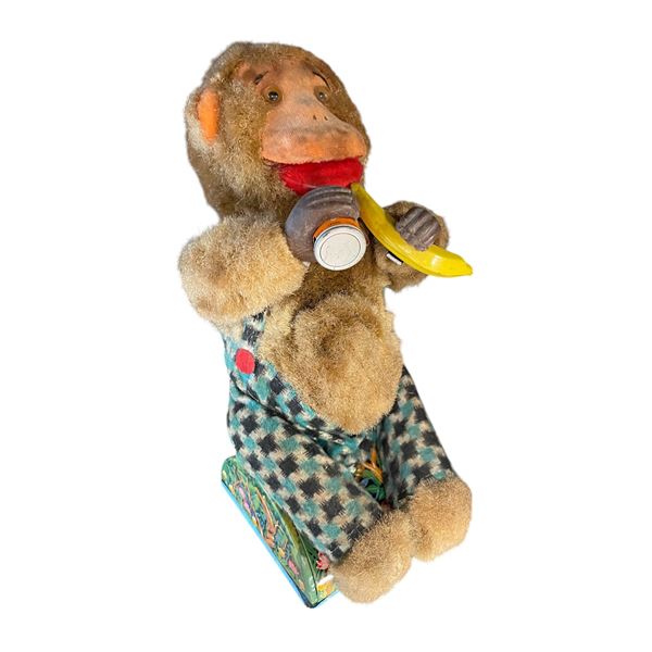 Vintage Tin Litho Battery Operated Drinking Banana Eating Monkey